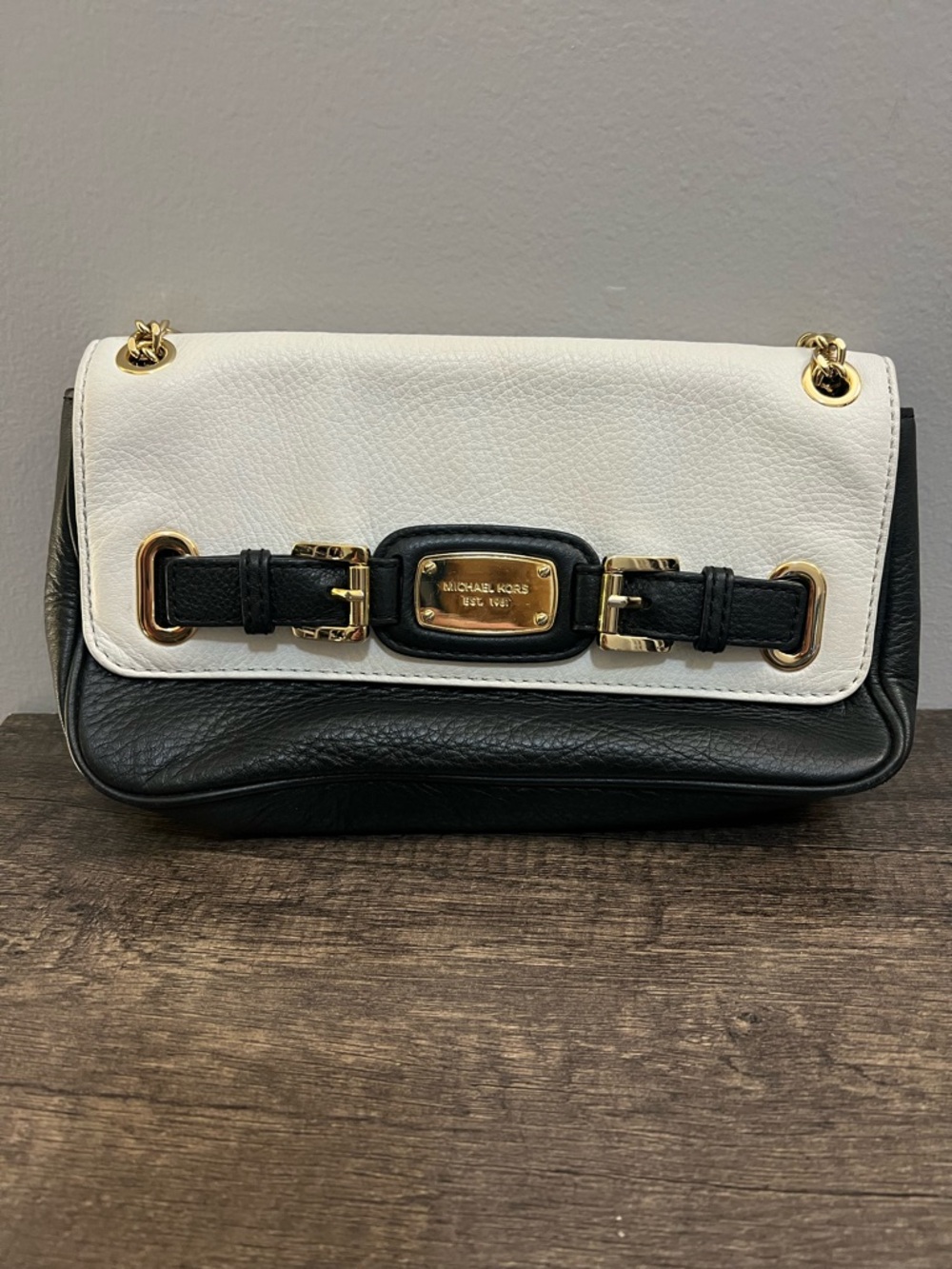 Michael Kors Black & White Hamilton Leather Shoulder Flap Bag with Gold Hardware